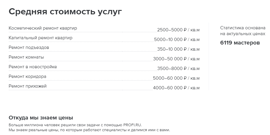 Средняя стоимость услуг на ремонт квартир в Москве